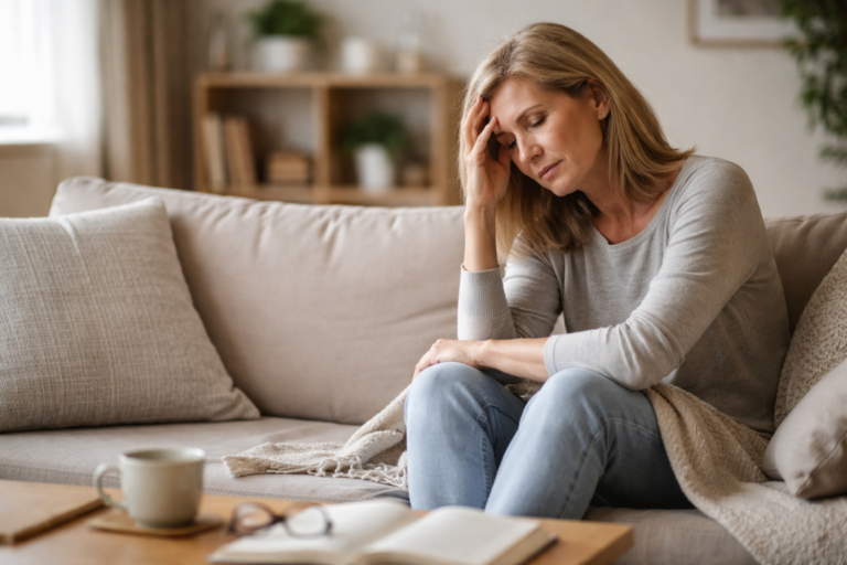 A person sitting quietly on a sofa near a window with soft daylight coming through sheer curtains