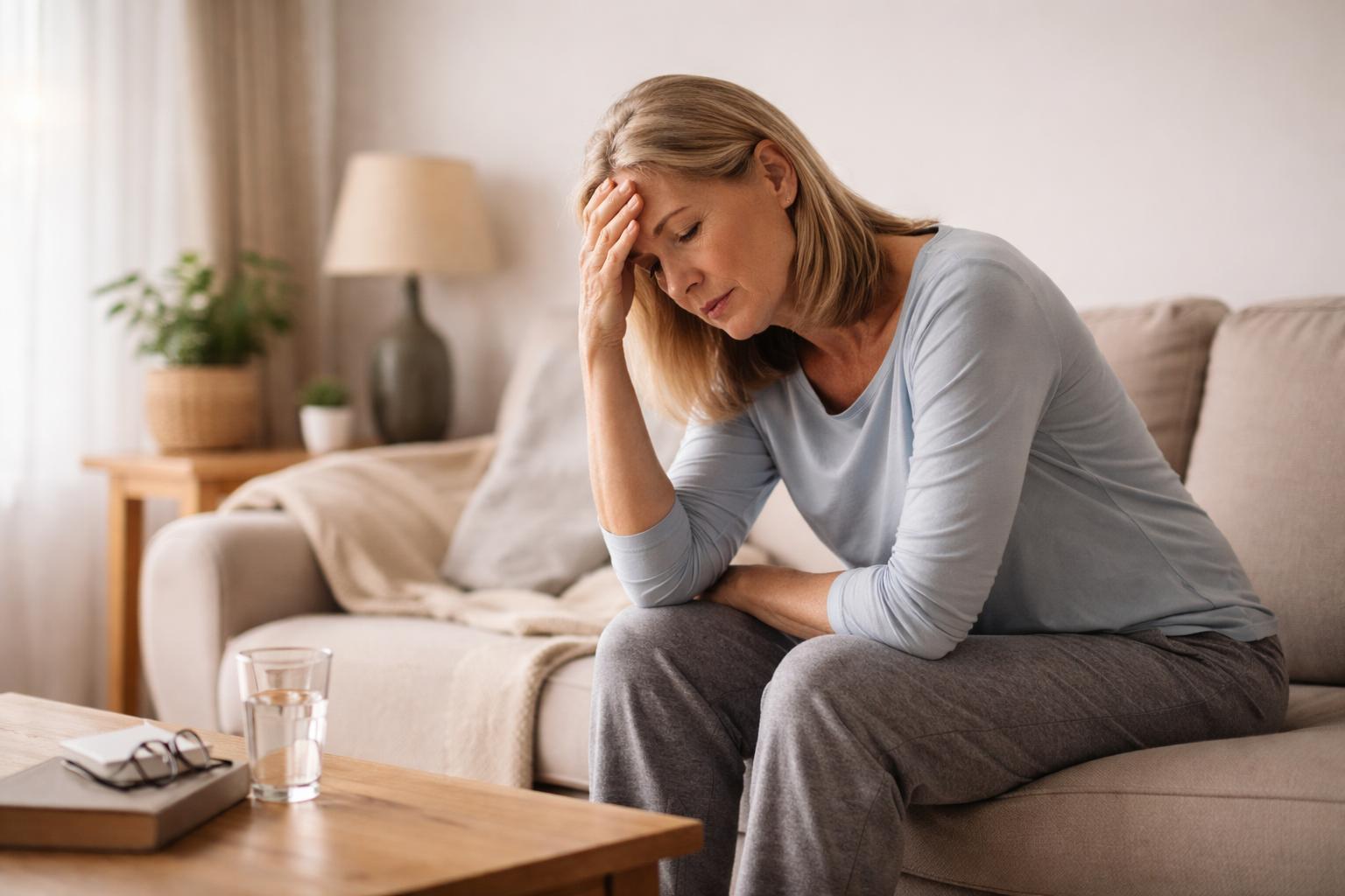 A person sitting quietly on a living room sofa with soft daylight coming through a nearby window