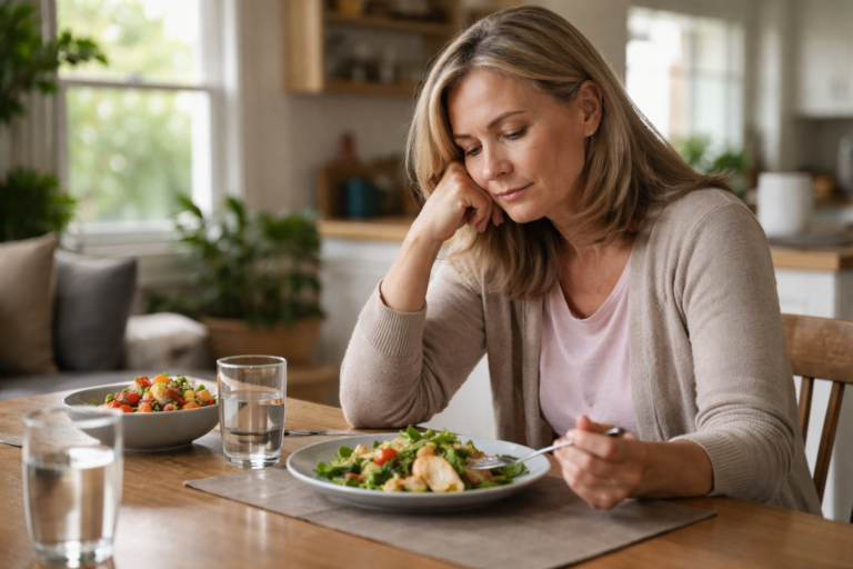 Person sitting quietly at kitchen table with plate of food untouched
