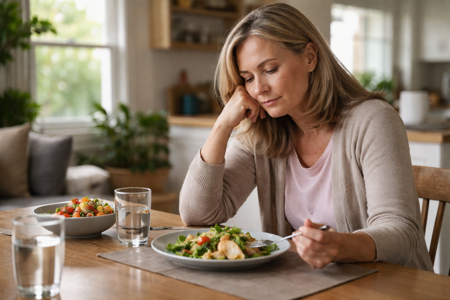 Person sitting quietly at kitchen table with plate of food untouched
