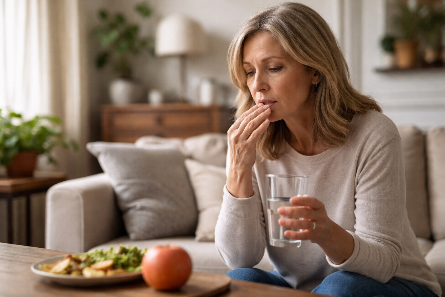 Person sitting by kitchen window holding a mug in morning light