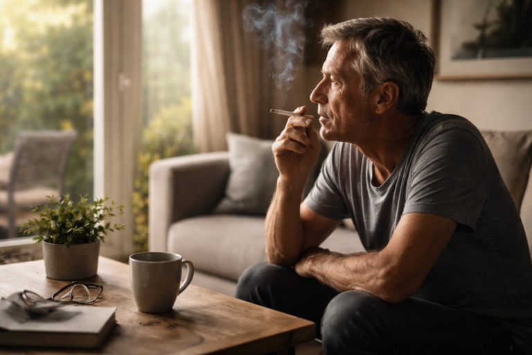 A person sitting near a window with soft daylight coming through sheer curtains
