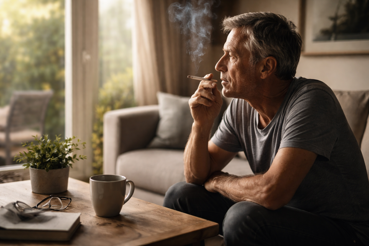 A person sitting near a window with soft daylight coming through sheer curtains