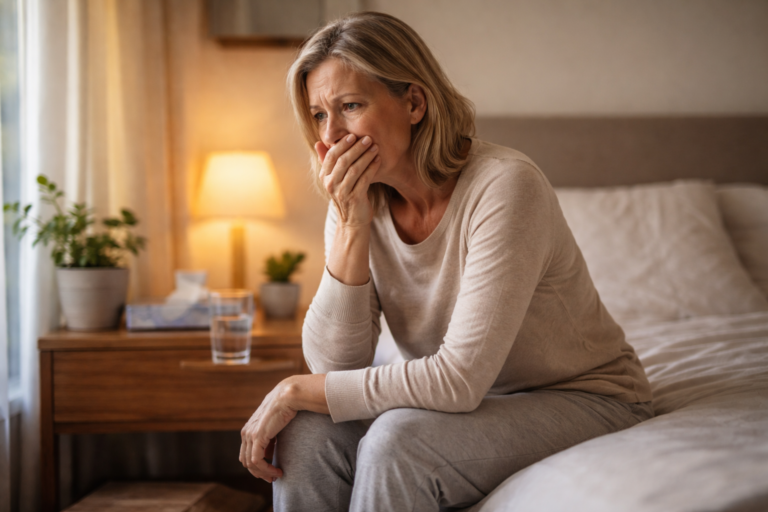 A person sitting near a window lightly covering their mouth with their hand in a softly lit room
