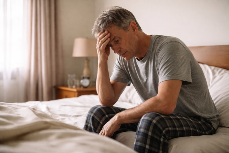 A person sitting on the edge of a bed while soft morning light comes through a nearby window