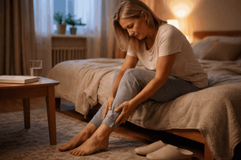 A person sitting on the edge of a bed with one hand resting on their leg in a softly lit room