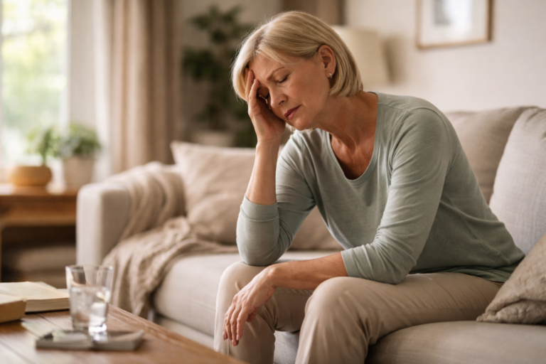 Adult sitting on a couch in a softly lit living room, leaning forward with hand on forehead in a quiet afternoon moment