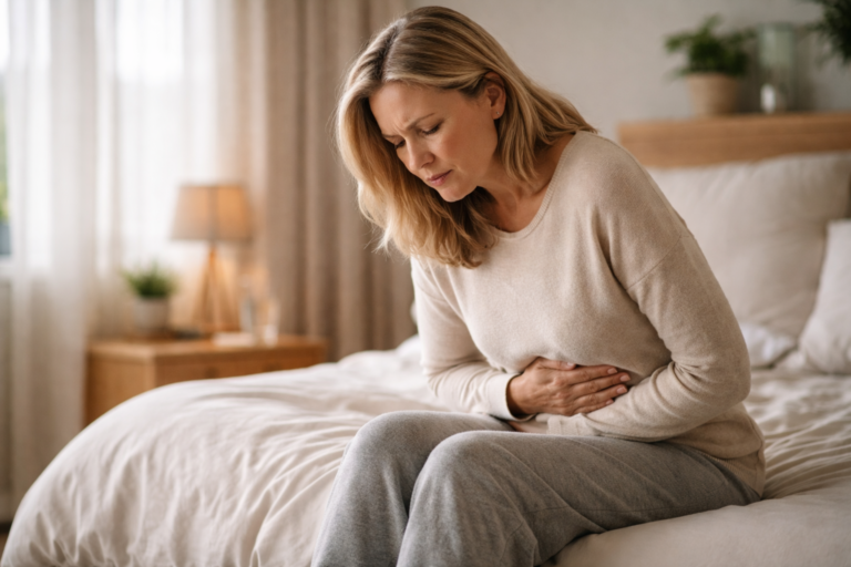 Person sitting quietly on a couch with hand resting on stomach