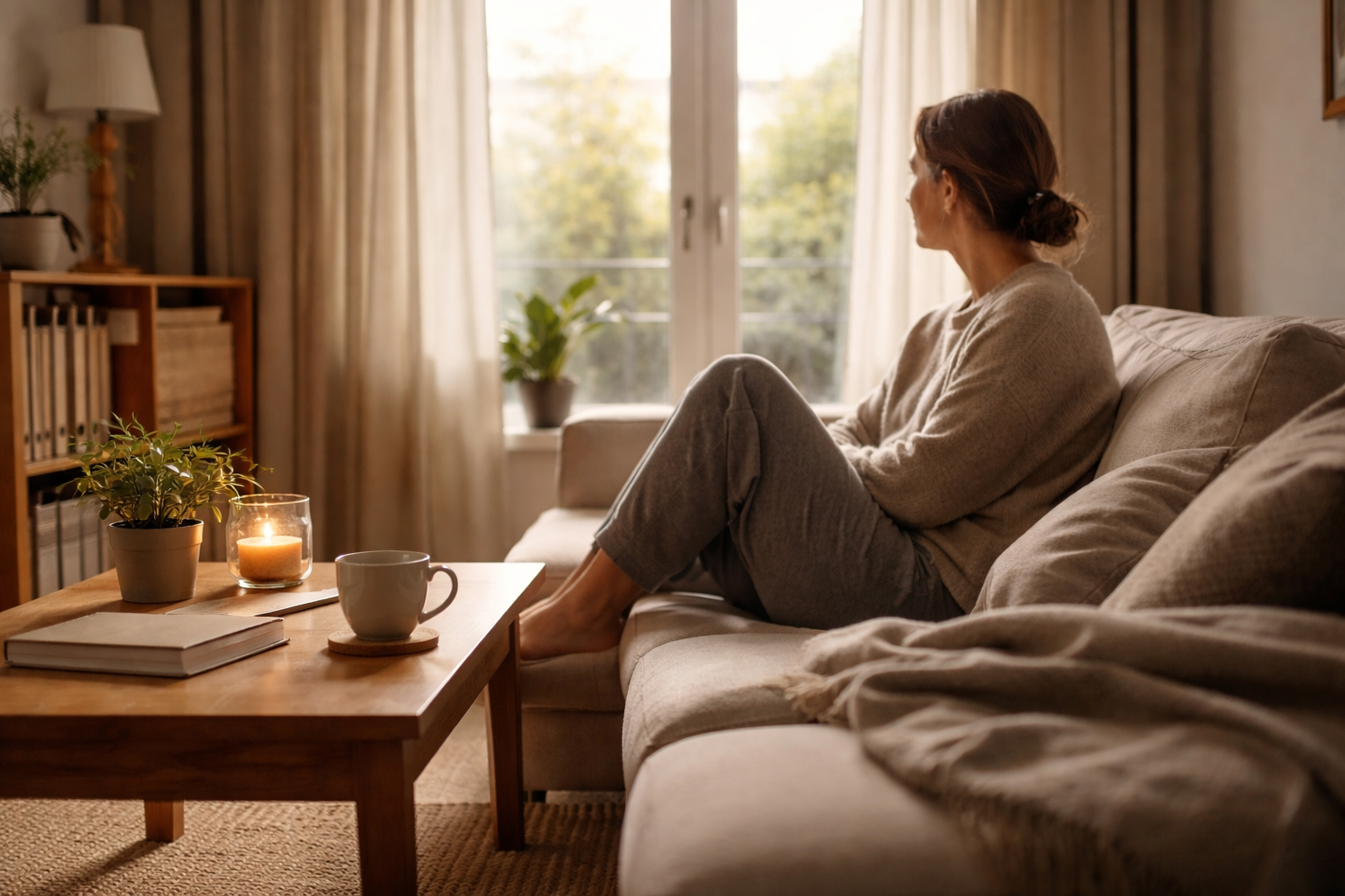 A person sitting quietly on a couch beside a large window with soft daylight coming through sheer curtains