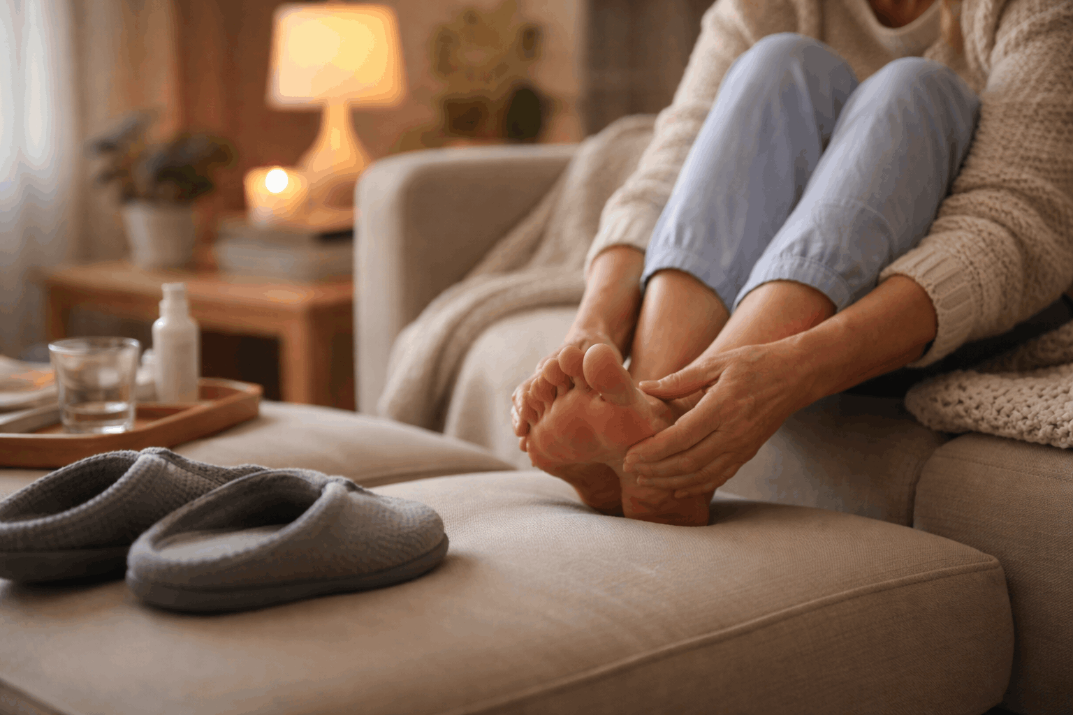 A person sitting on a couch gently holding their foot with both hands in a softly lit living room