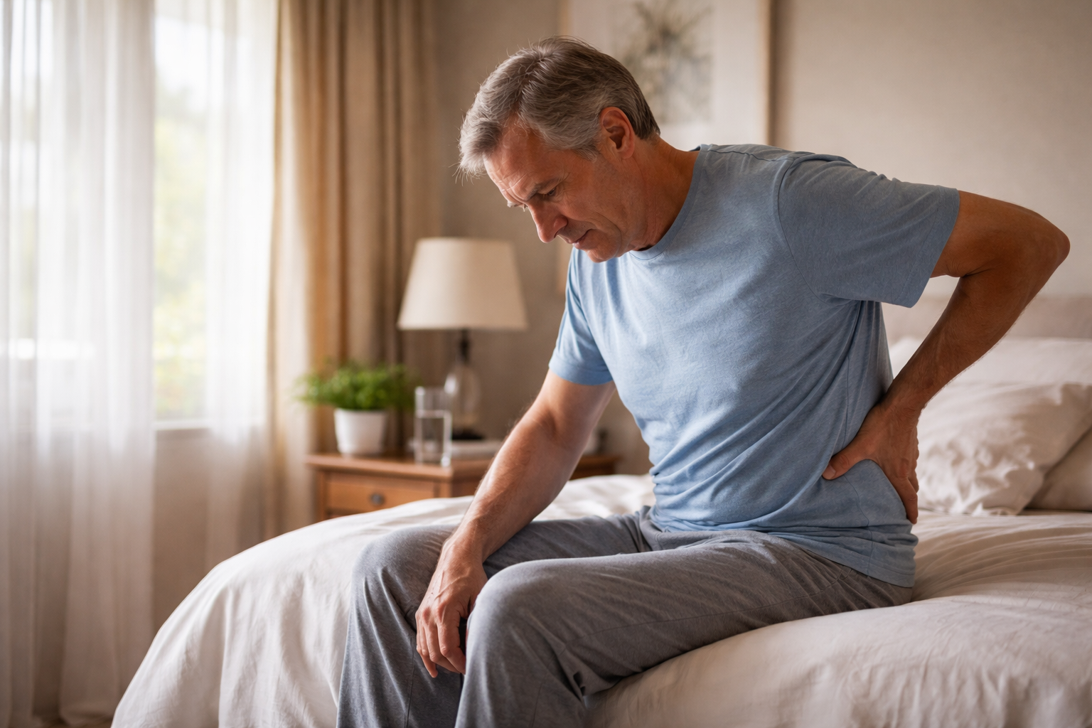 A person sits on a couch near a window, leaning slightly forward with soft daylight coming in