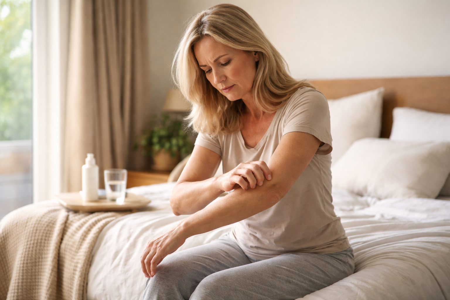A sofa with a folded blanket and cushions catching the afternoon light.