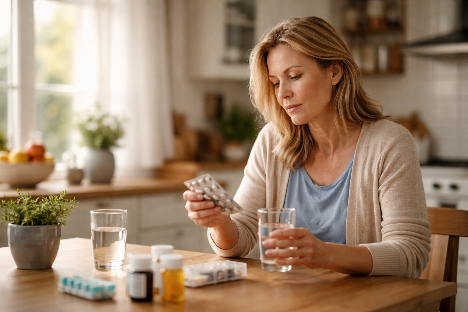 Person sitting near window holding a glass of water