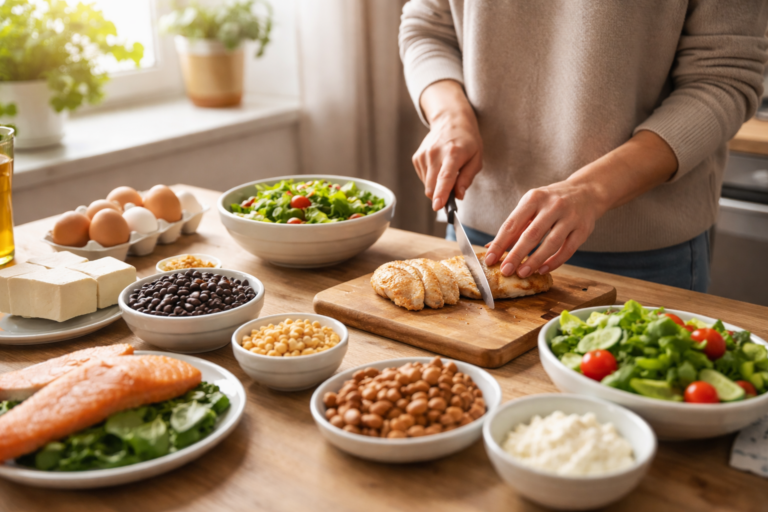 A person slices cooked chicken on a wooden cutting board in a bright kitchen