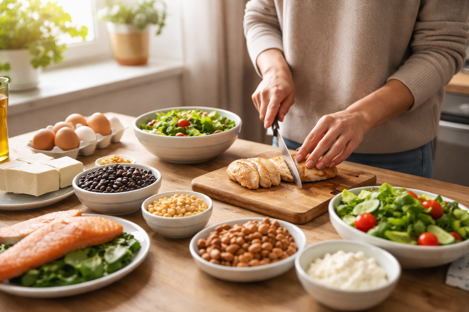 A person slices cooked chicken on a wooden cutting board in a bright kitchen