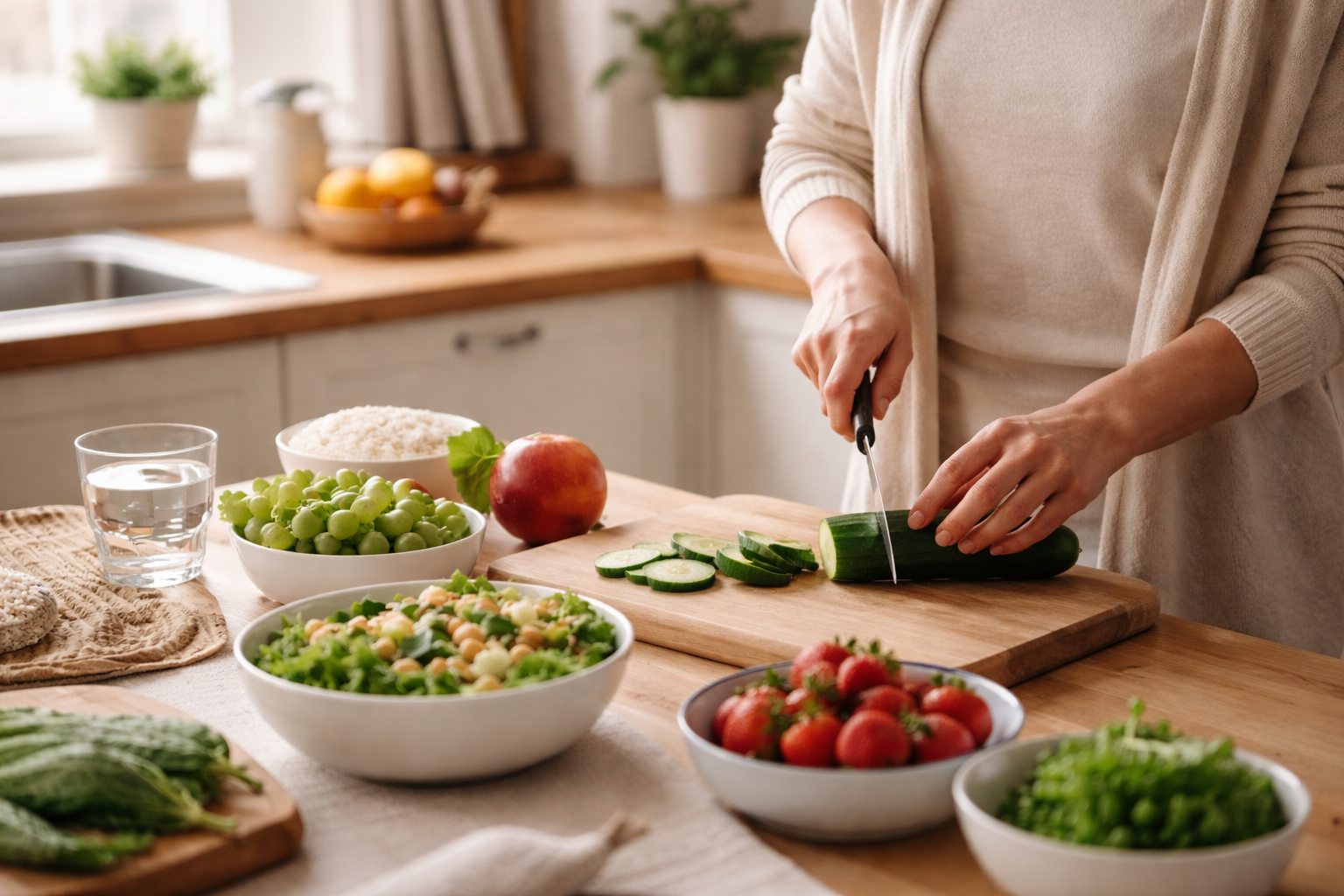 Hands slicing a cucumber on a wooden cutting board in a softly lit kitchen