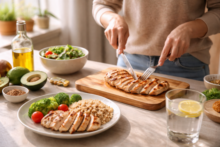 A person slicing grilled chicken on a wooden cutting board in a bright kitchen
