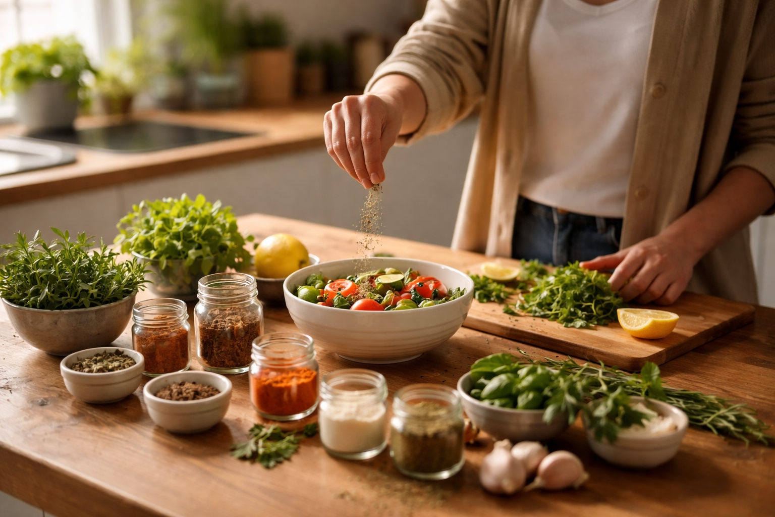 A hand gently sprinkles seasoning over a bowl of fresh salad on a wooden counter