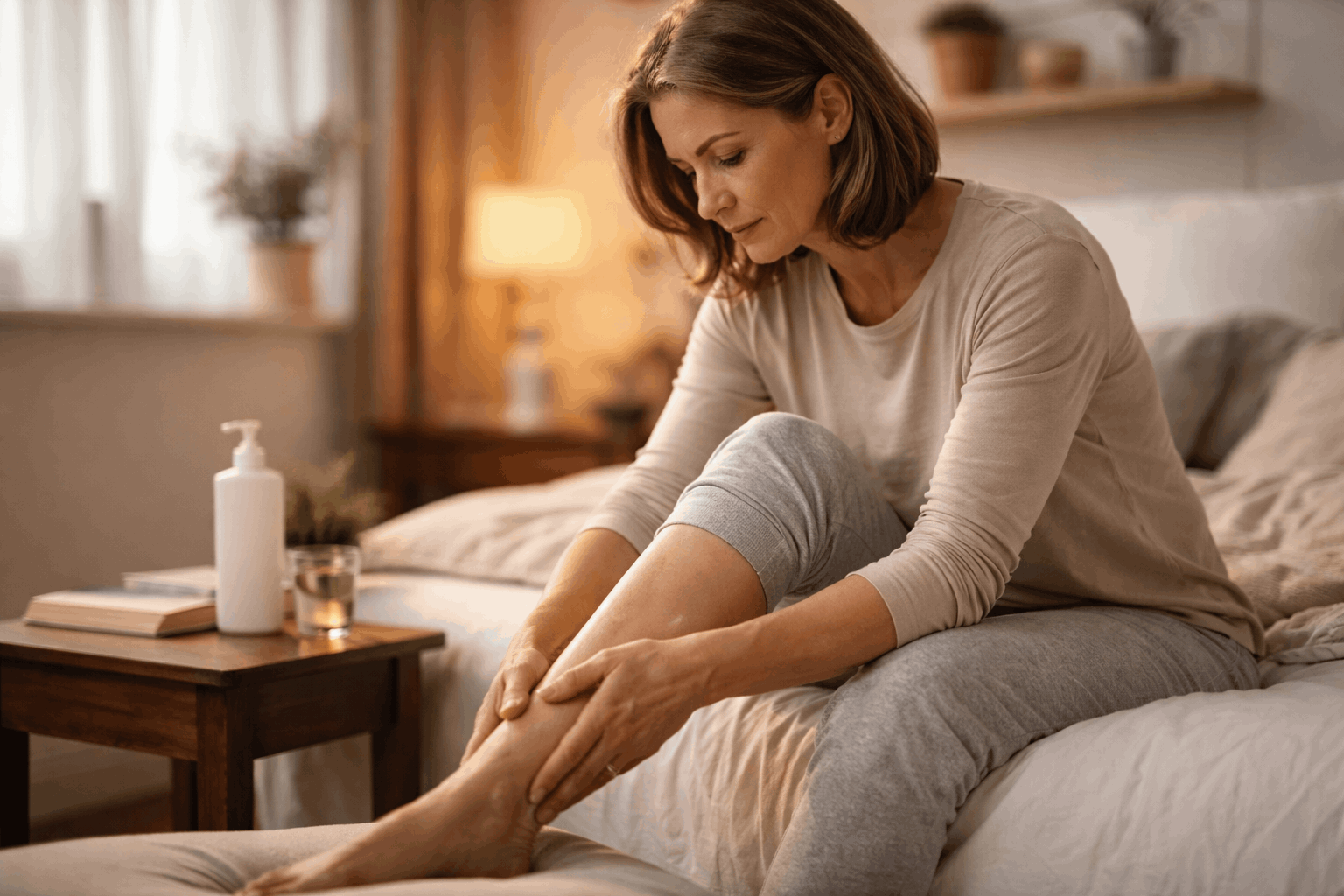 Person gently touching their forearm while sitting near a softly lit window