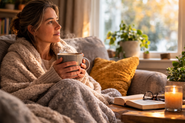 Person sitting on a couch wrapped in a blanket near a window with soft daylight