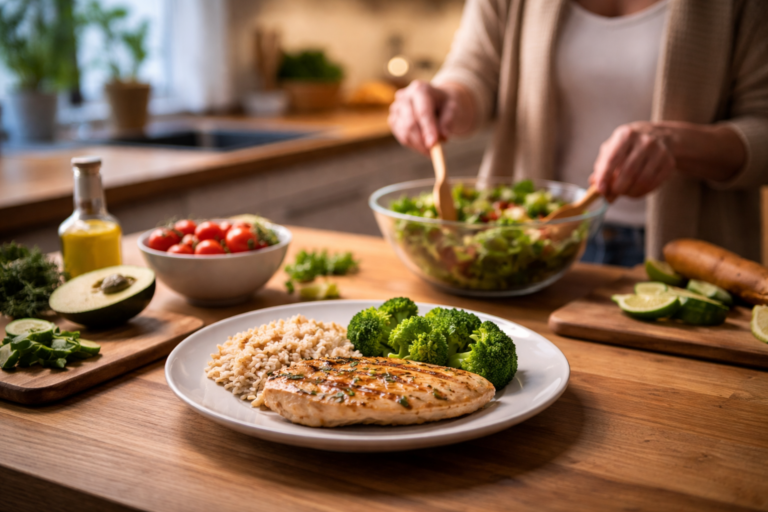 A white plate with grilled chicken, broccoli, and brown rice on a wooden table