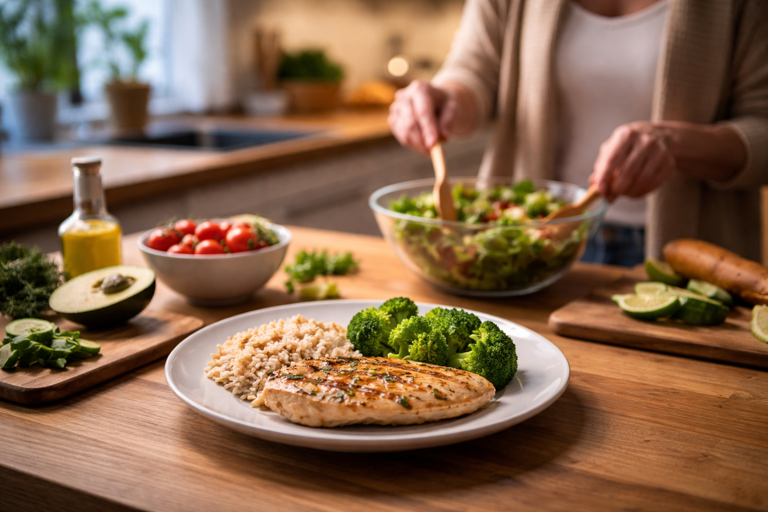 A white plate with grilled chicken, broccoli, and brown rice on a wooden table
