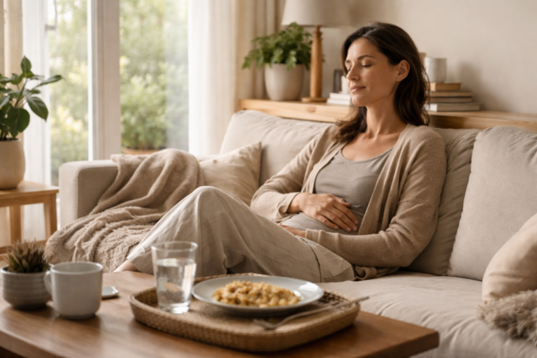 Sunlight falls across a wooden dining table with a half-finished plate and a glass of water nearby