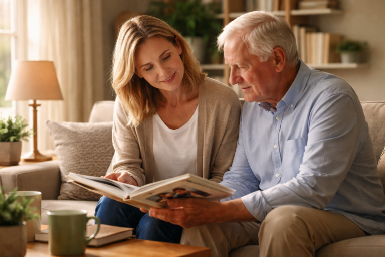 Someone casually reading notes at a table in a calm home setting with natural light coming through a window