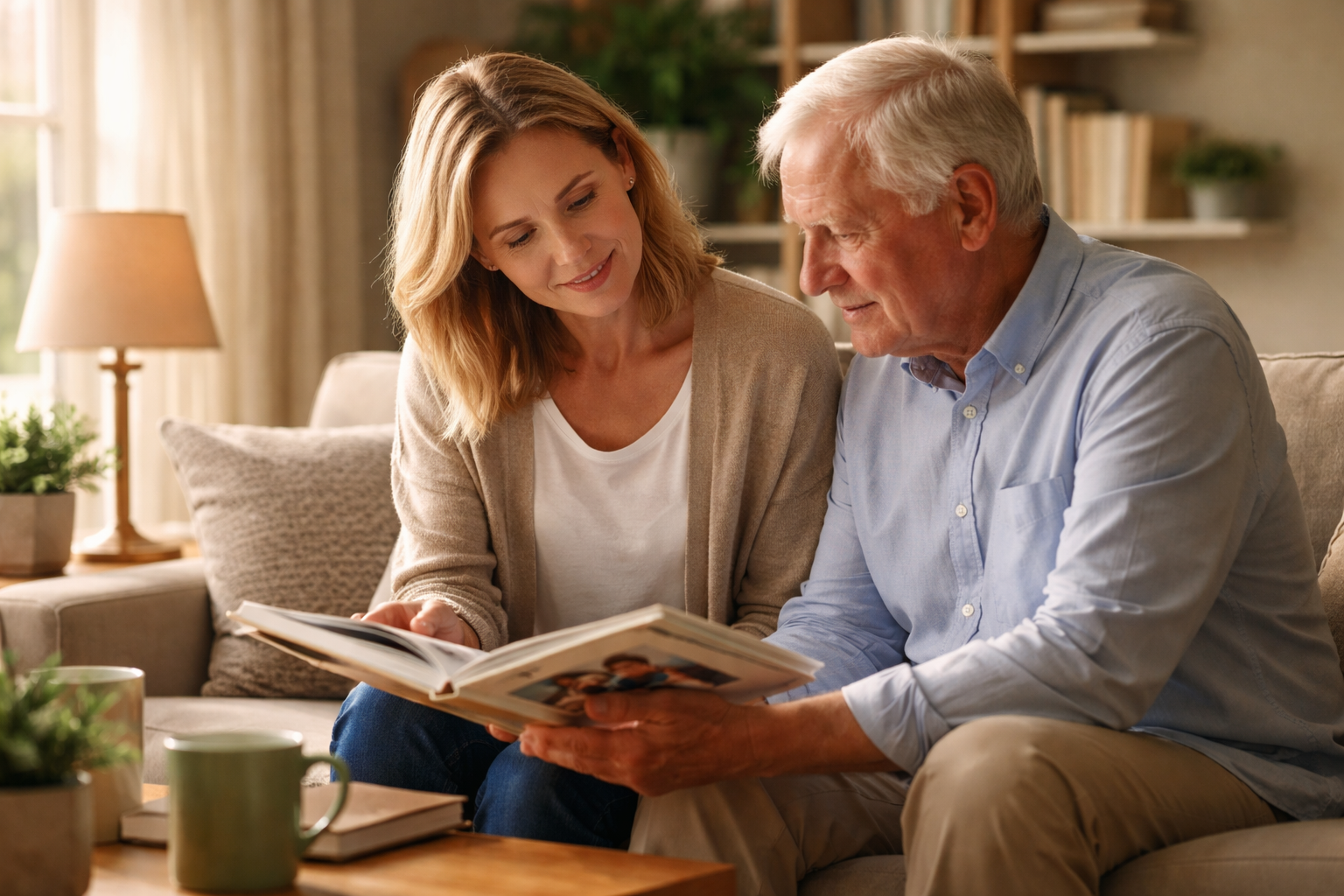 Someone casually reading notes at a table in a calm home setting with natural light coming through a window