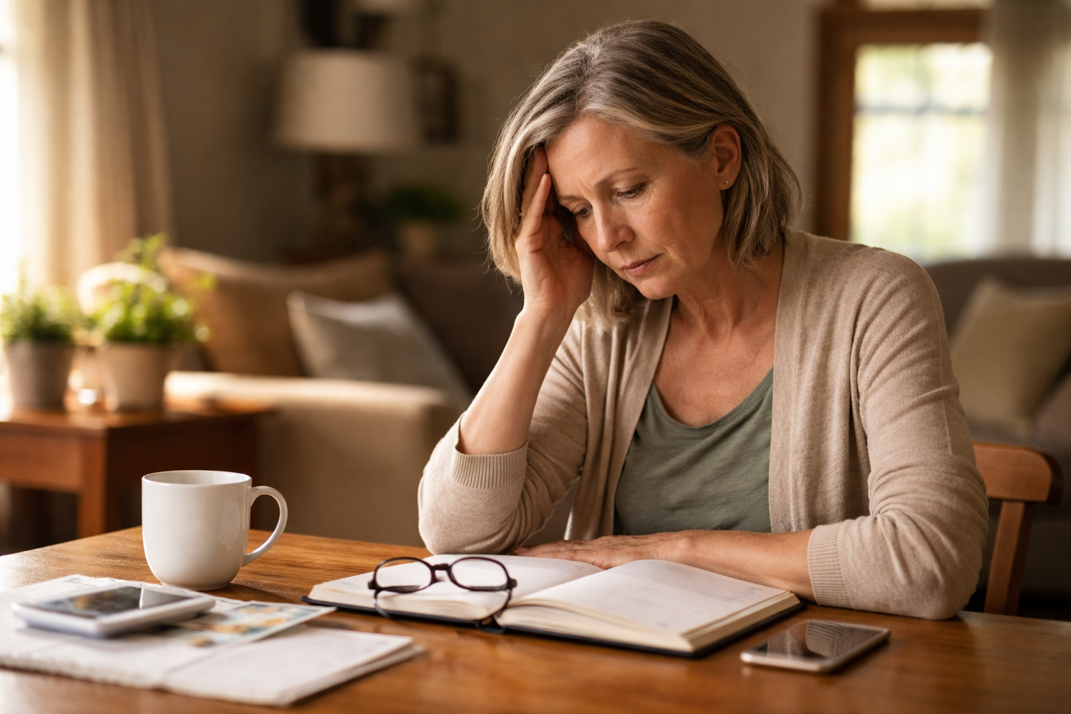 Quiet home interior with a person seated at a wooden table and soft natural light filling the room