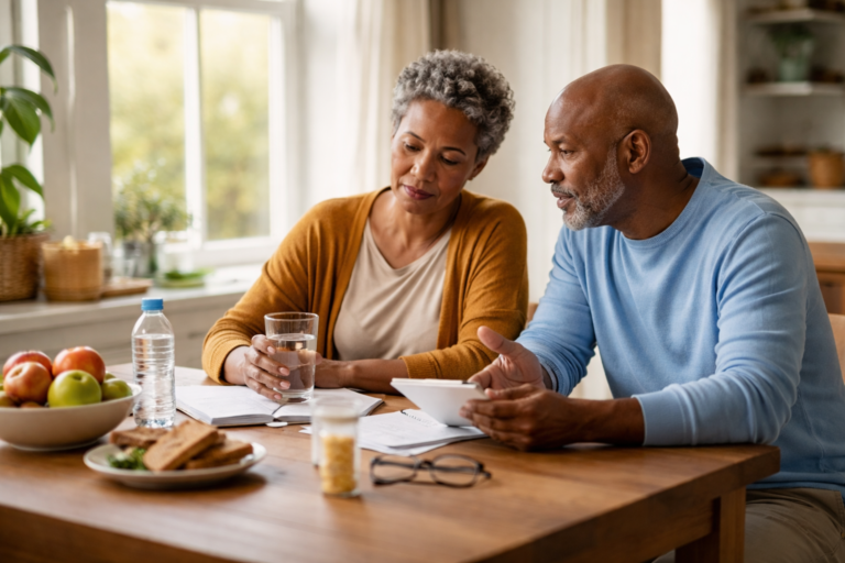 Sunlight coming through a kitchen window onto a small table with a mug and notebook