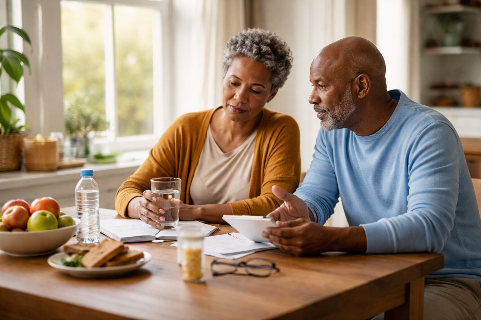 Sunlight coming through a kitchen window onto a small table with a mug and notebook