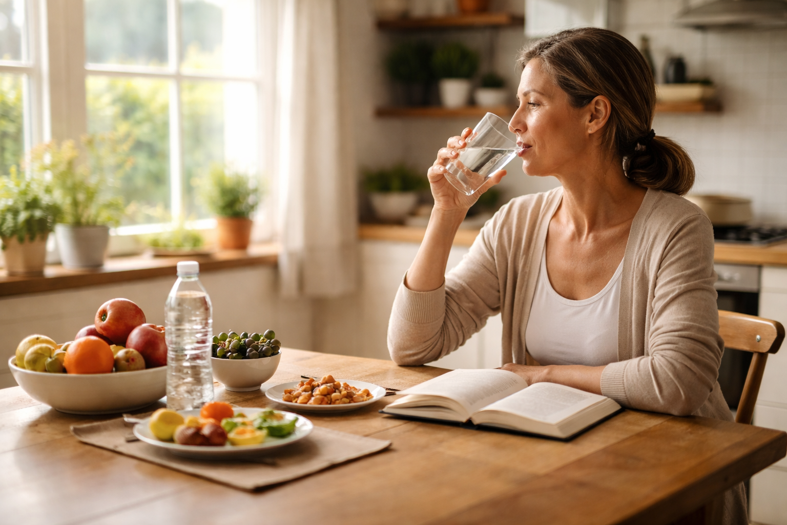 Soft morning light over kitchen counter with bowl of fruit