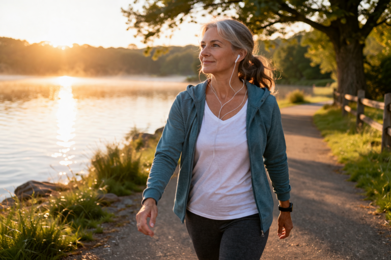 A person walking along a quiet suburban street lined with trees and houses