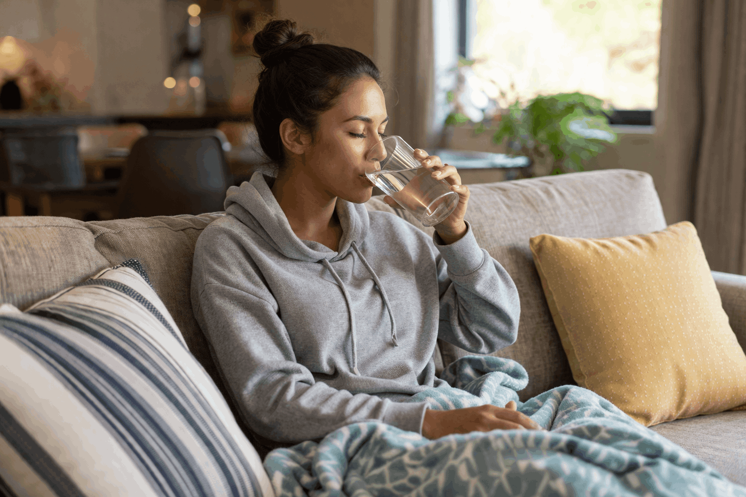 A cozy living room setting with warm lighting and a person relaxing with a drink