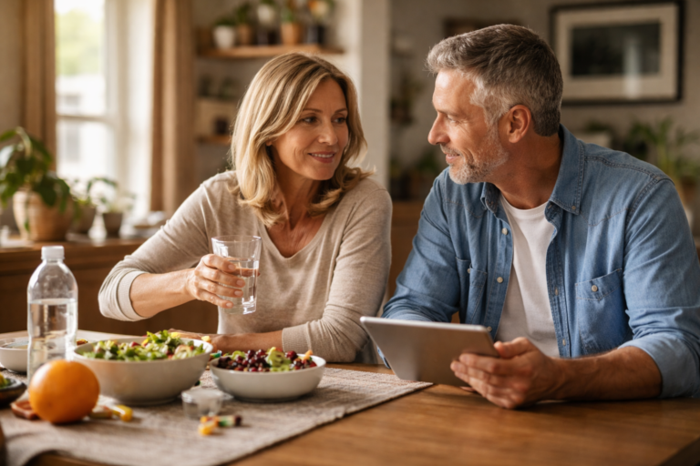 Bowl of fruit and a glass of water on a wooden table