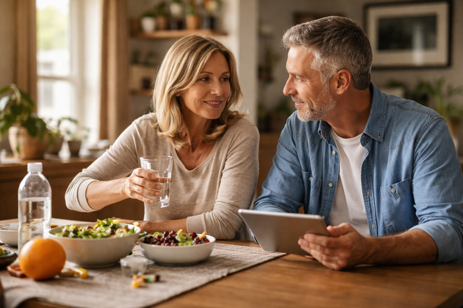 Bowl of fruit and a glass of water on a wooden table
