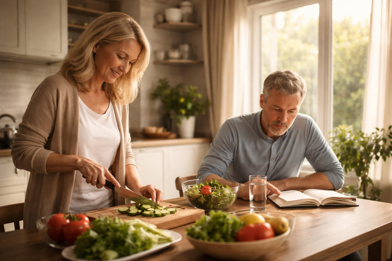 Glass of water beside fruit bowl on a tidy kitchen table