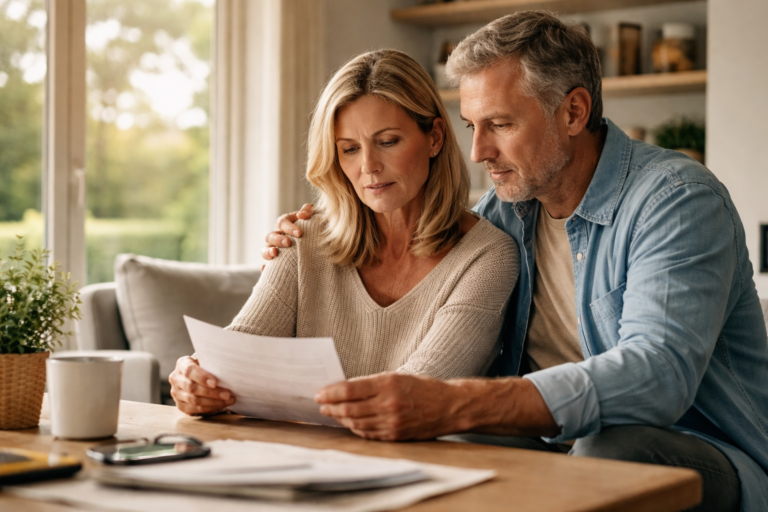 A modest living room with neutral tones, sunlight filtering through curtains, and a person seated quietly