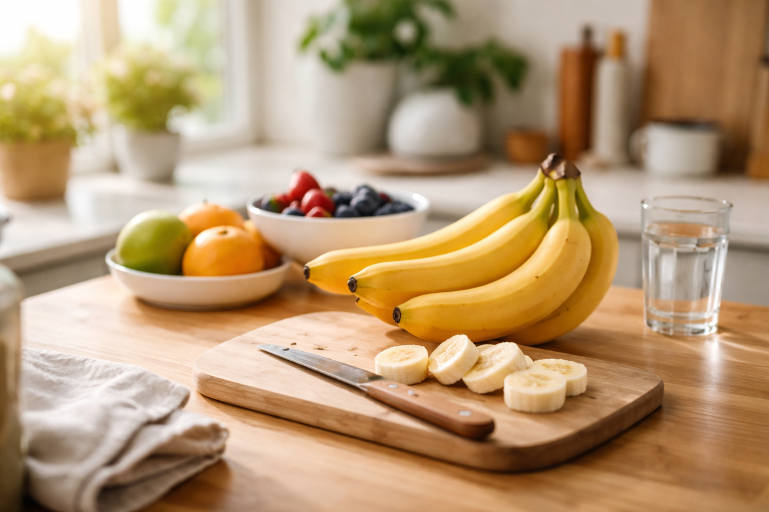 A bunch of bananas resting on a wooden cutting board with a few slices and a knife in a bright kitchen