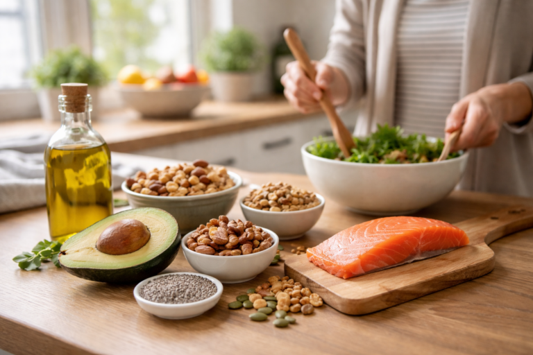 A sunlit kitchen counter with a sliced avocado, a small bowl of nuts, and a bottle of oil nearby