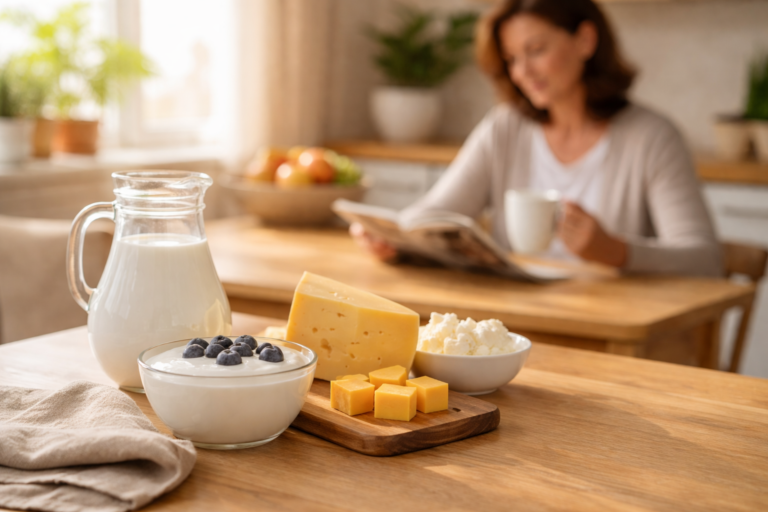 A bright kitchen table with milk, yogurt topped with blueberries, cheese, and cottage cheese in soft morning light