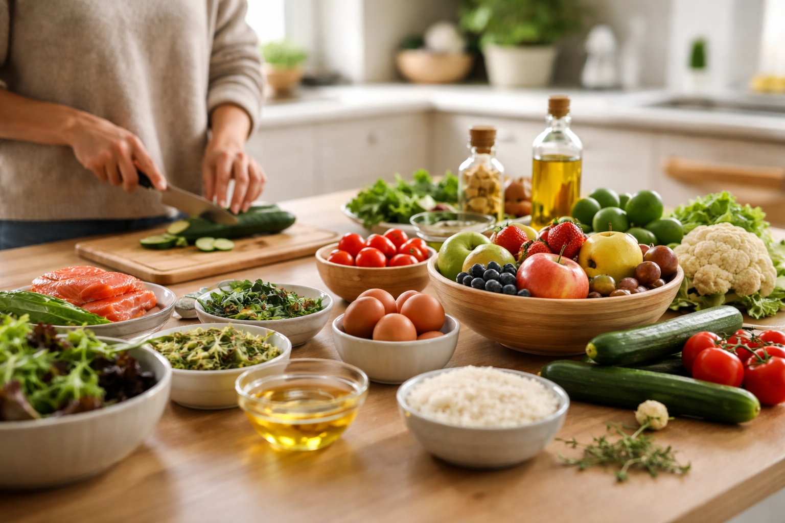 Person slicing a cucumber on a wooden board with bowls of fresh ingredients spread across the counter