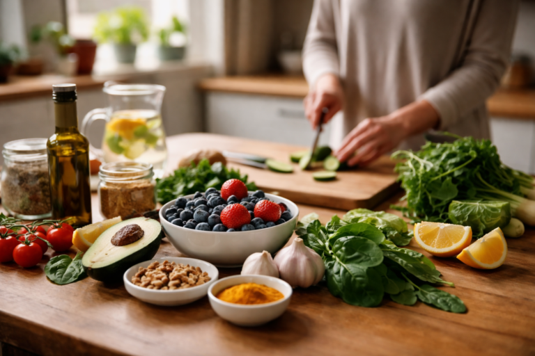 Fresh fruits, greens, and spices spread across a wooden kitchen counter in soft sunlight