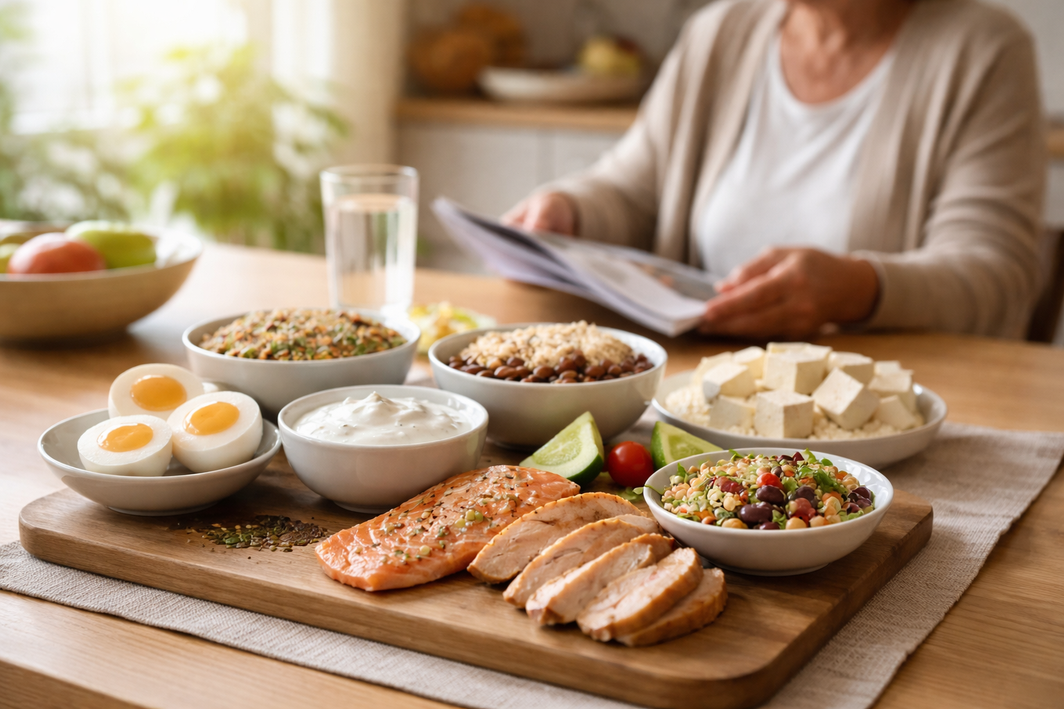 A wooden board with sliced chicken, salmon, and small bowls of grains and beans on a bright kitchen table