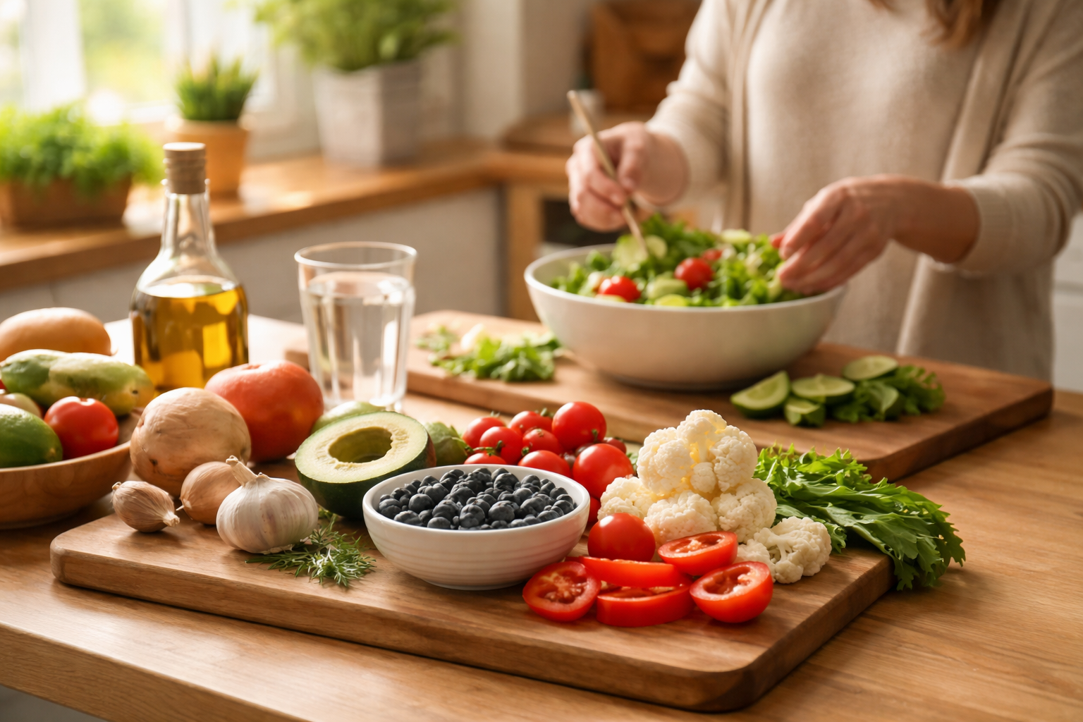 person in a beige sweater mixing a bowl of salad on a wooden counter in warm sunlight