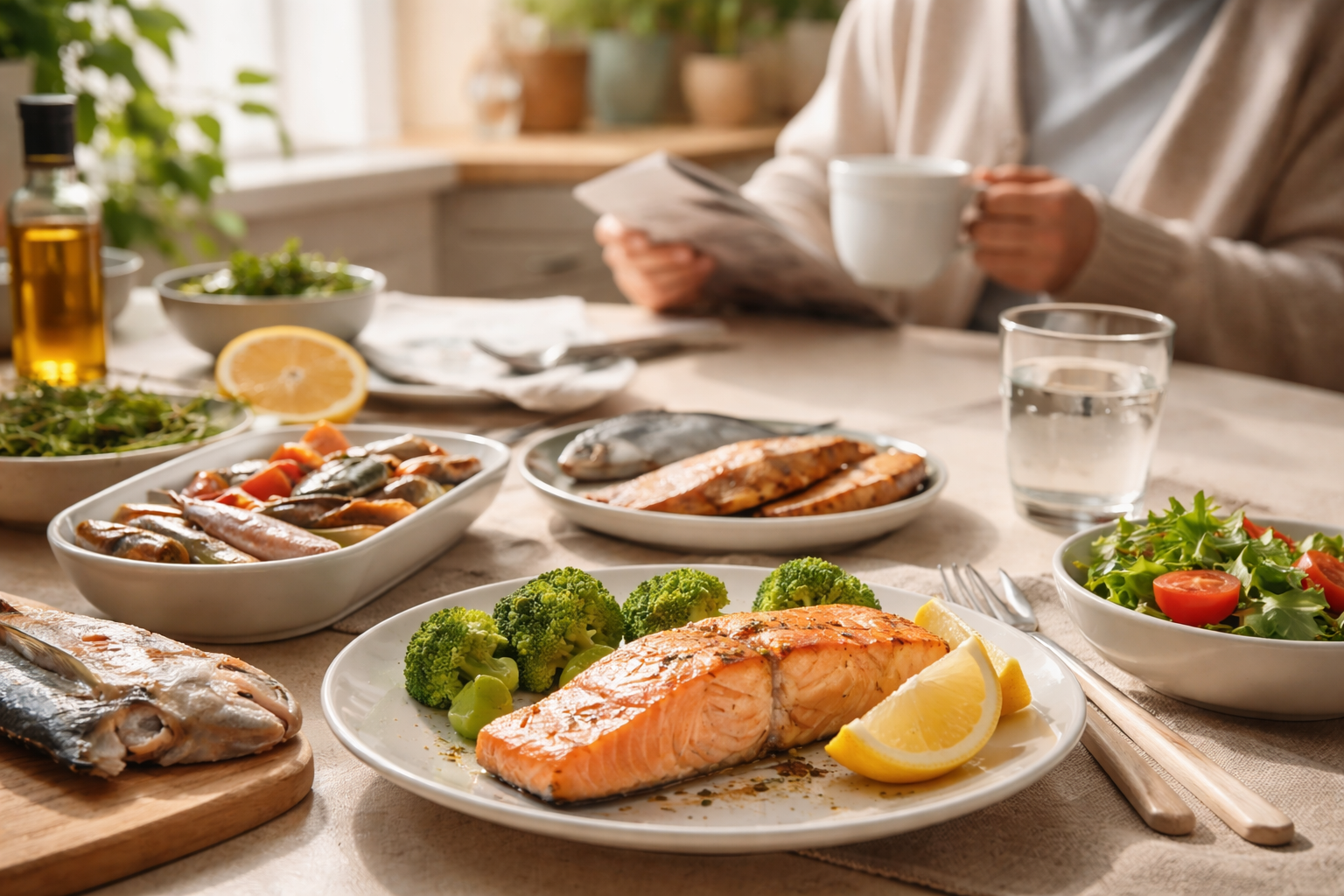 A plate of grilled salmon with broccoli and lemon on a table in a softly lit kitchen