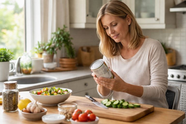 Woman standing at a kitchen counter reading a label on a can