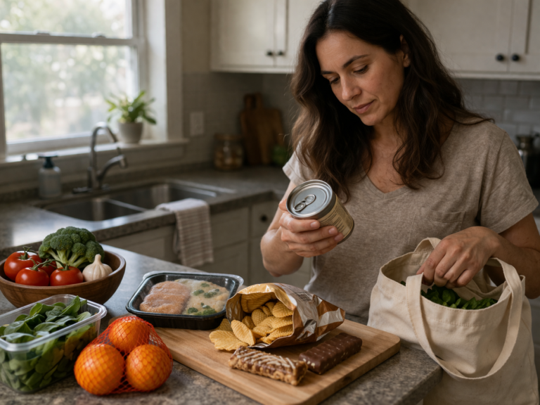 A woman stands at a kitchen counter reading the label on a small can in soft daylight