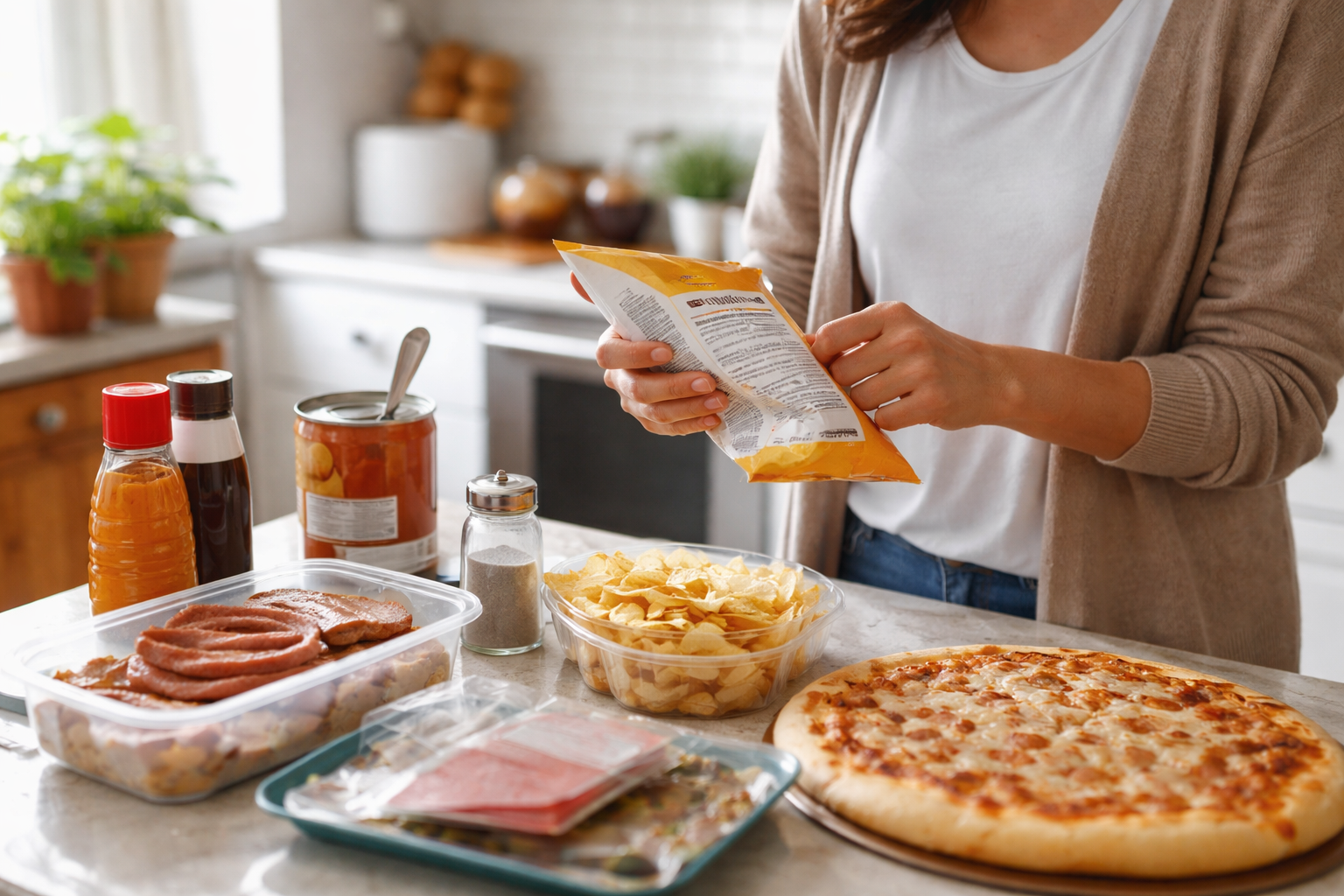 A woman stands at a kitchen counter reading the back of a snack package with several foods laid out nearby